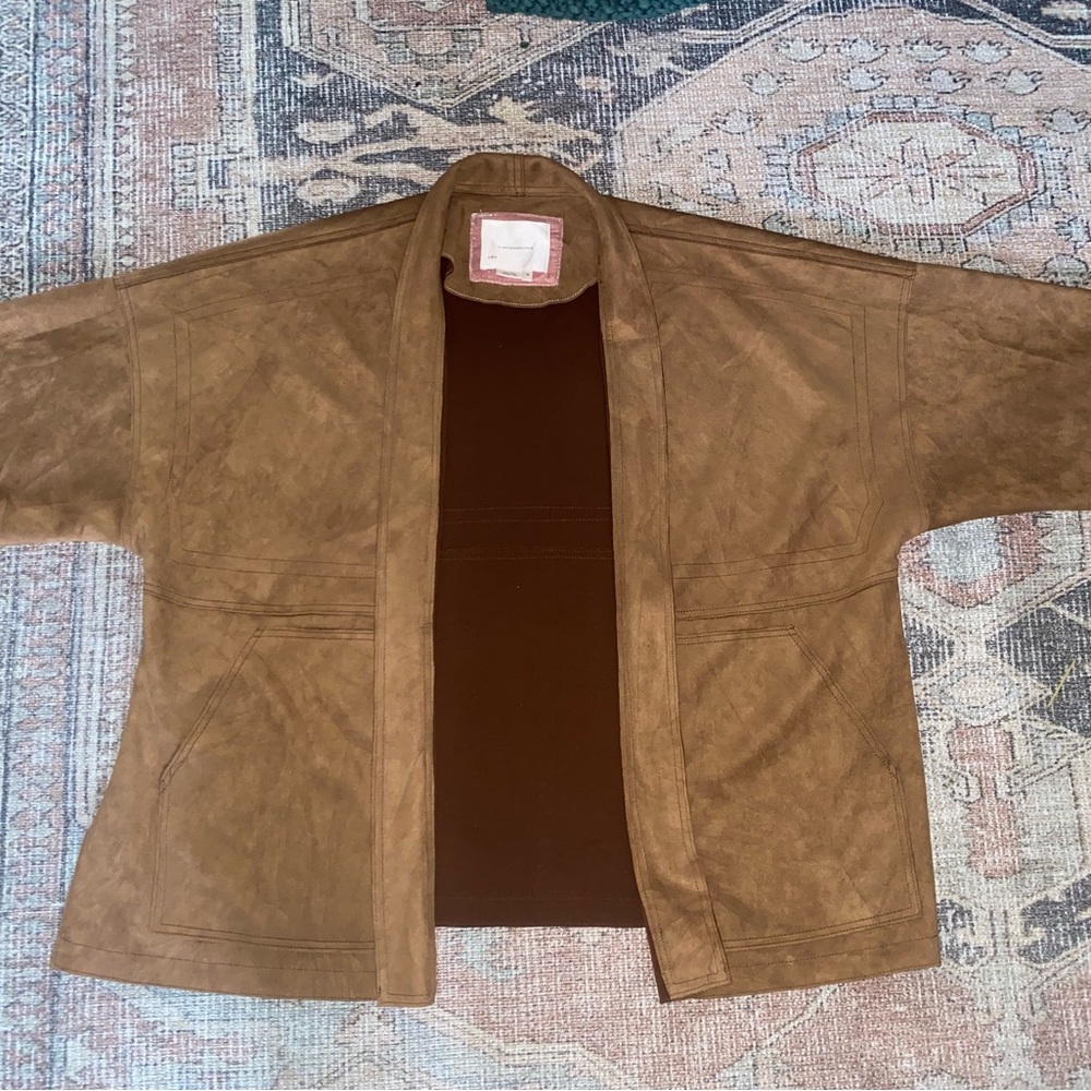 Anthropologie faux suede kimono jacket camel brown tan boho open front XL